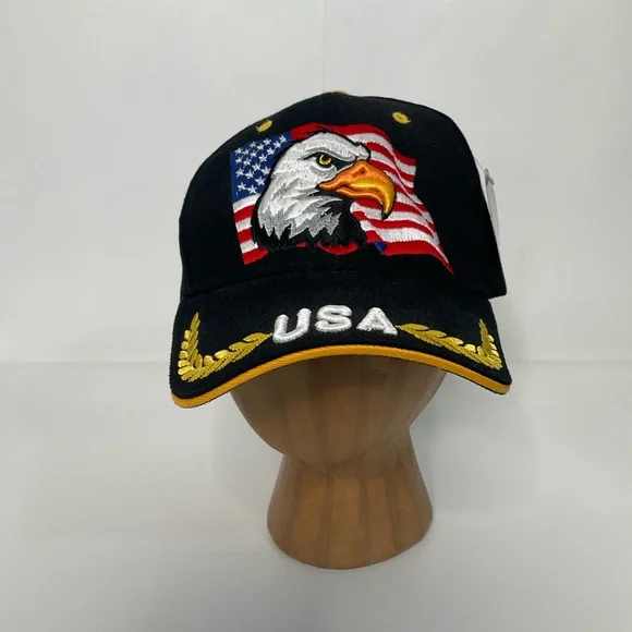 USA Men’s Embroidered American Flag Eagle Black Adjustable Closure Baseball Cap - Picture 6 of 14